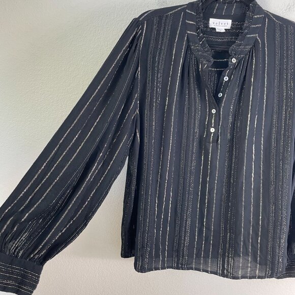 Velvet By Graham Spencer Womens Small Black Metallic Stripe Blouse Long Sleeve - Picture 9 of 11